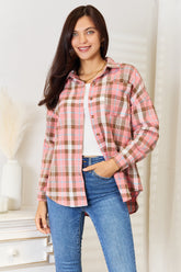 Double Take Plaid Collared Neck Long Sleeve Button-Up Shirt Watermelon pink OutfitFlow